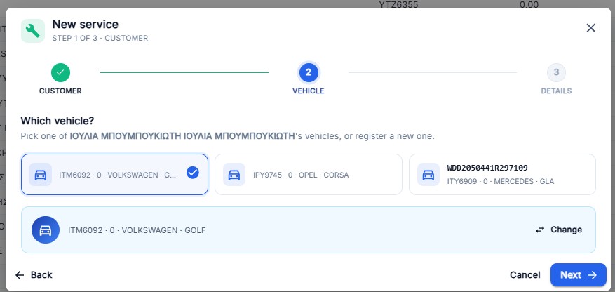 Service DB — New service wizard step 2: vehicle